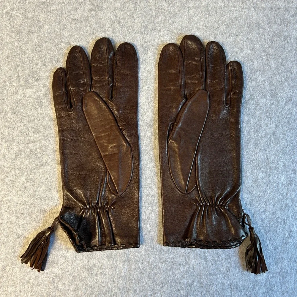 Philip Treacy London Leather Tassel Gloves Brown Silk Lined Embroidered Size 7